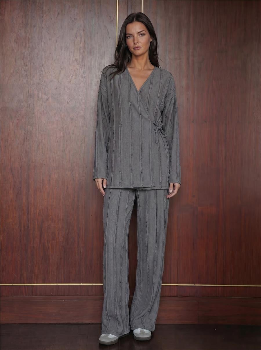 Gri Örme Kimono Pantolon İkili Takım