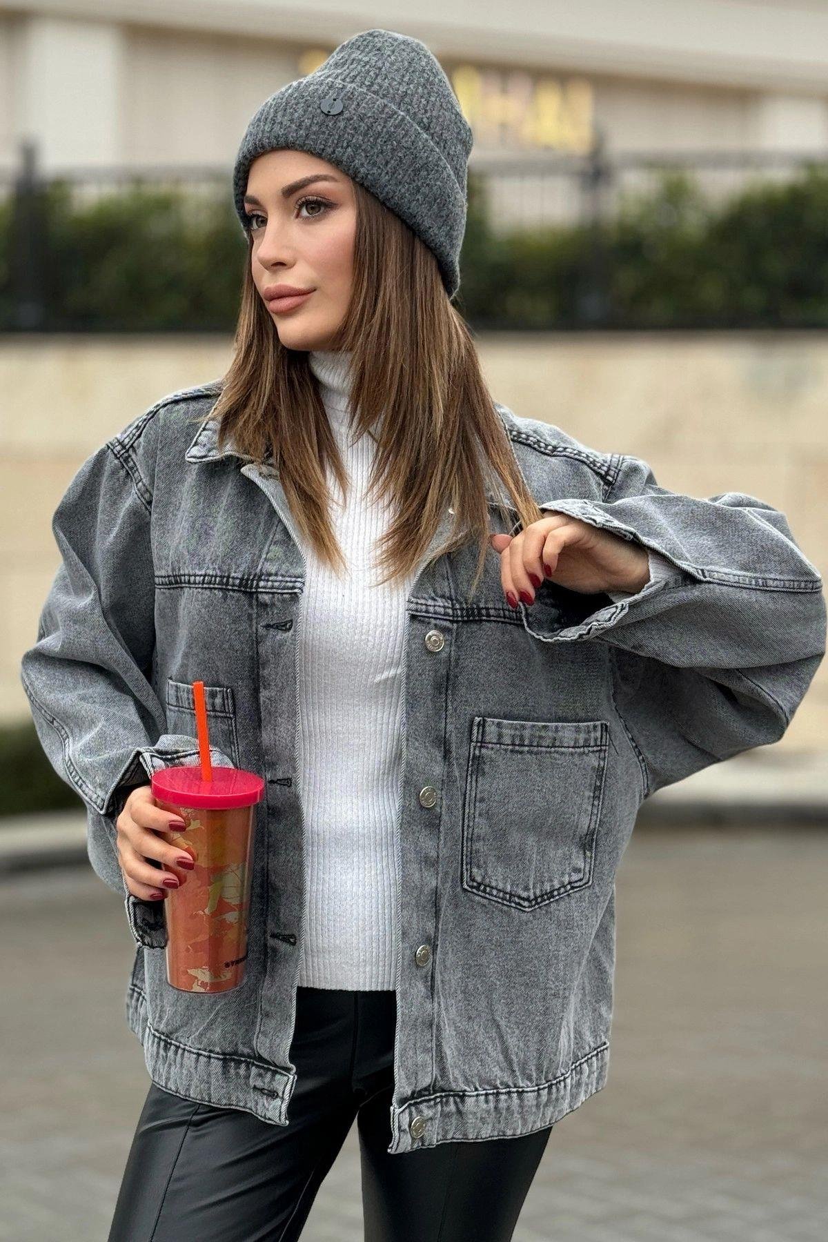 Gri Salaş Jeans Ceket