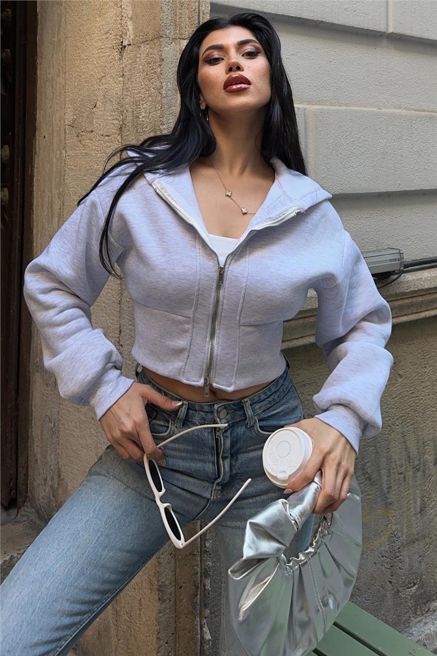 Grimelanj Fermuarlı Crop Sweatshirt