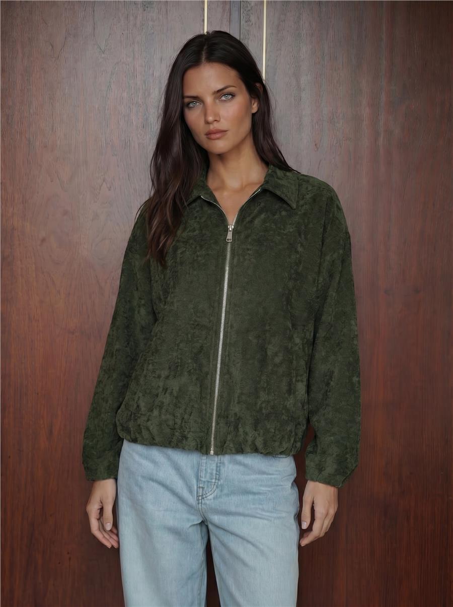 Haki Büzgülü Oversize Kadife Ceket