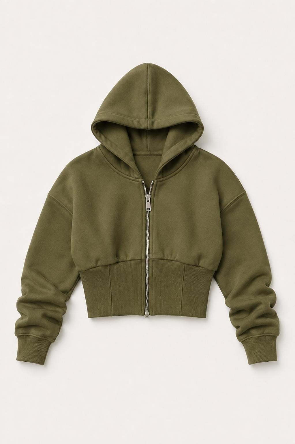 Haki Fermuarlı Crop Sweatshirt