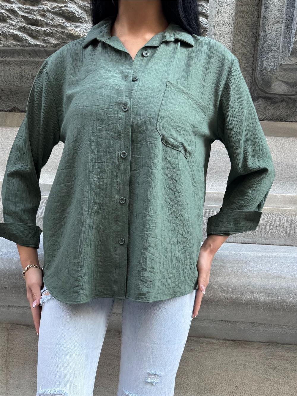Haki Kırışık Oversize %100 Pamuk Gömlek