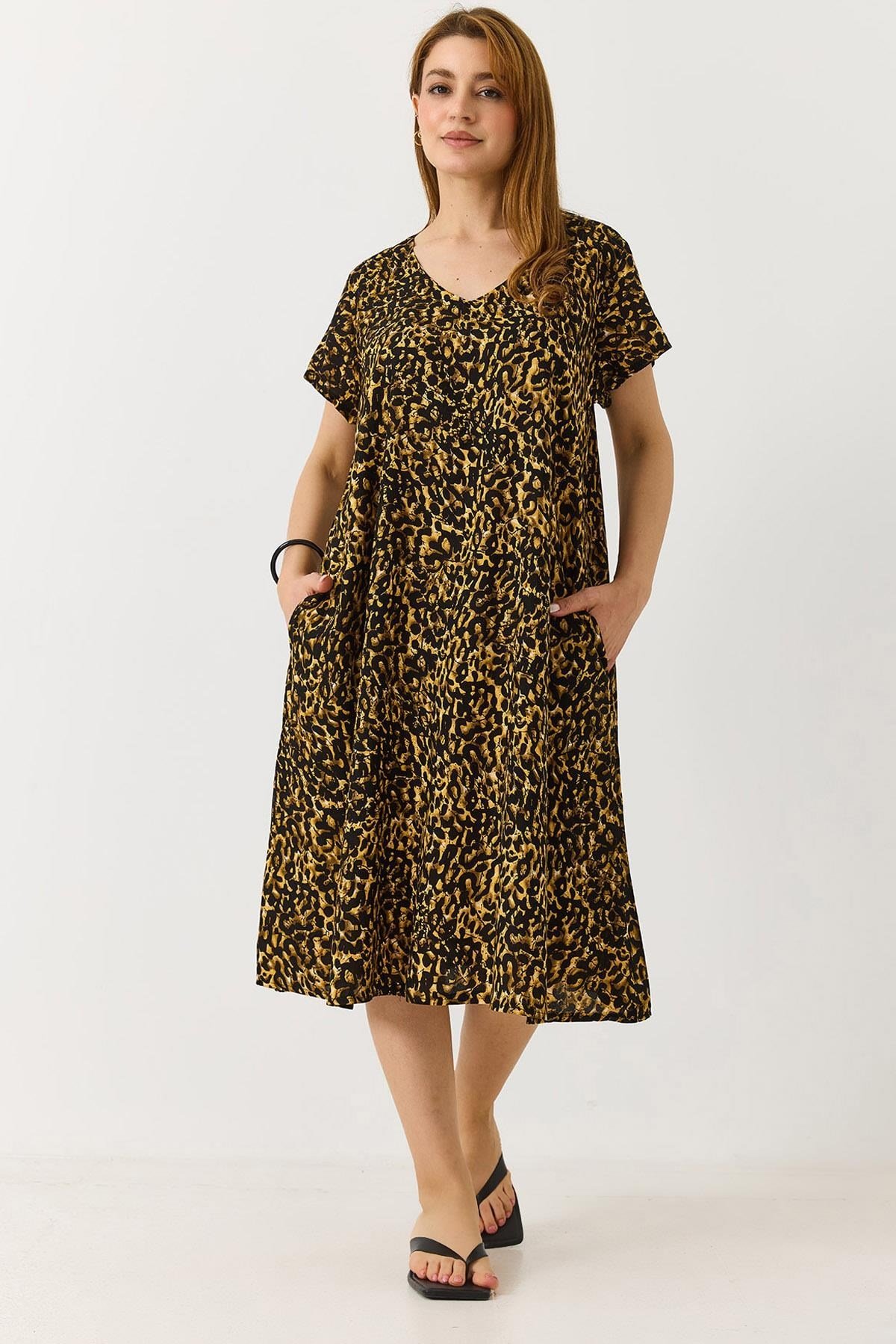 Hardal Leopar Desen Midi Elbise