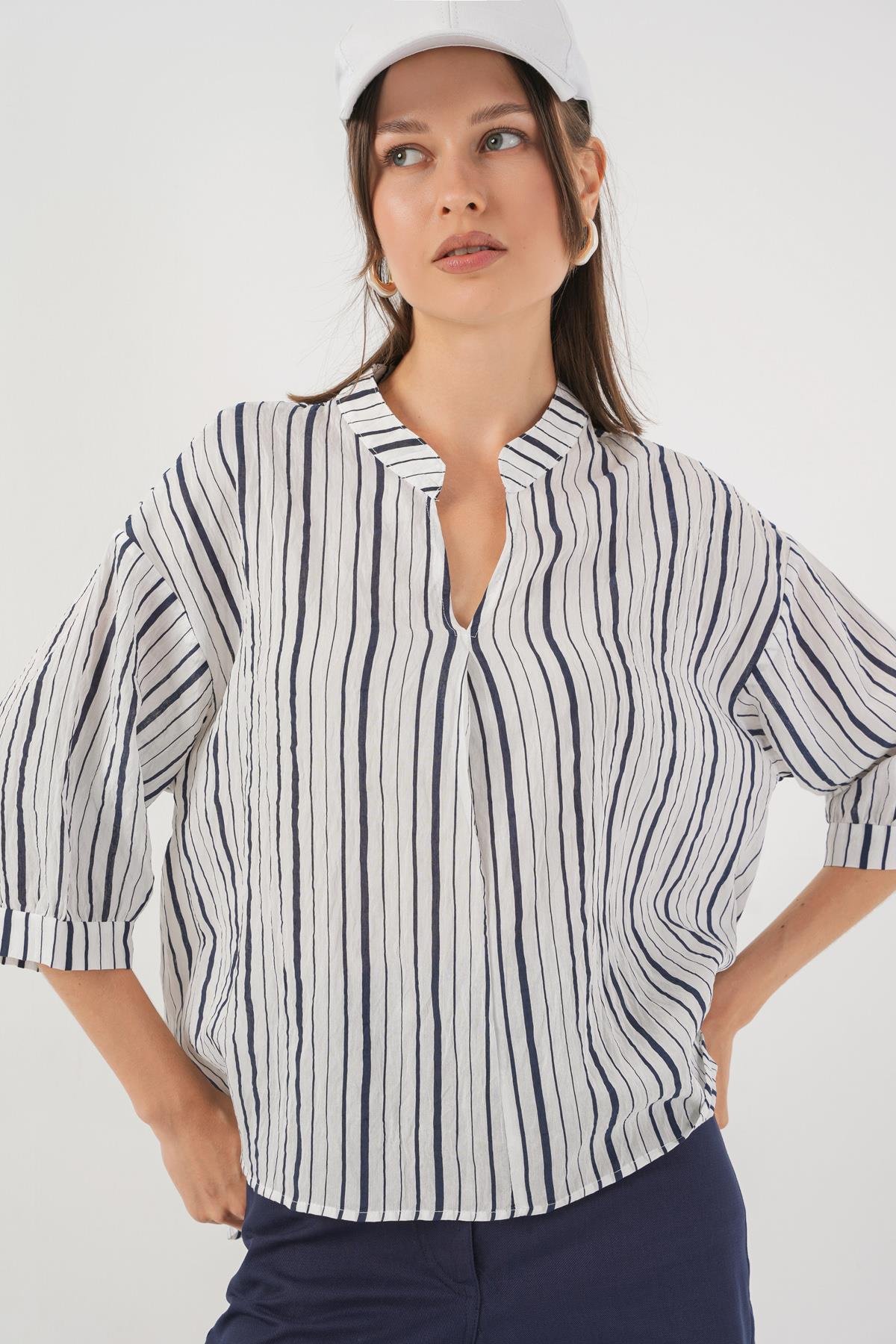 Kadın Çizgili Oversize Bluz 967 - F.Lacivert