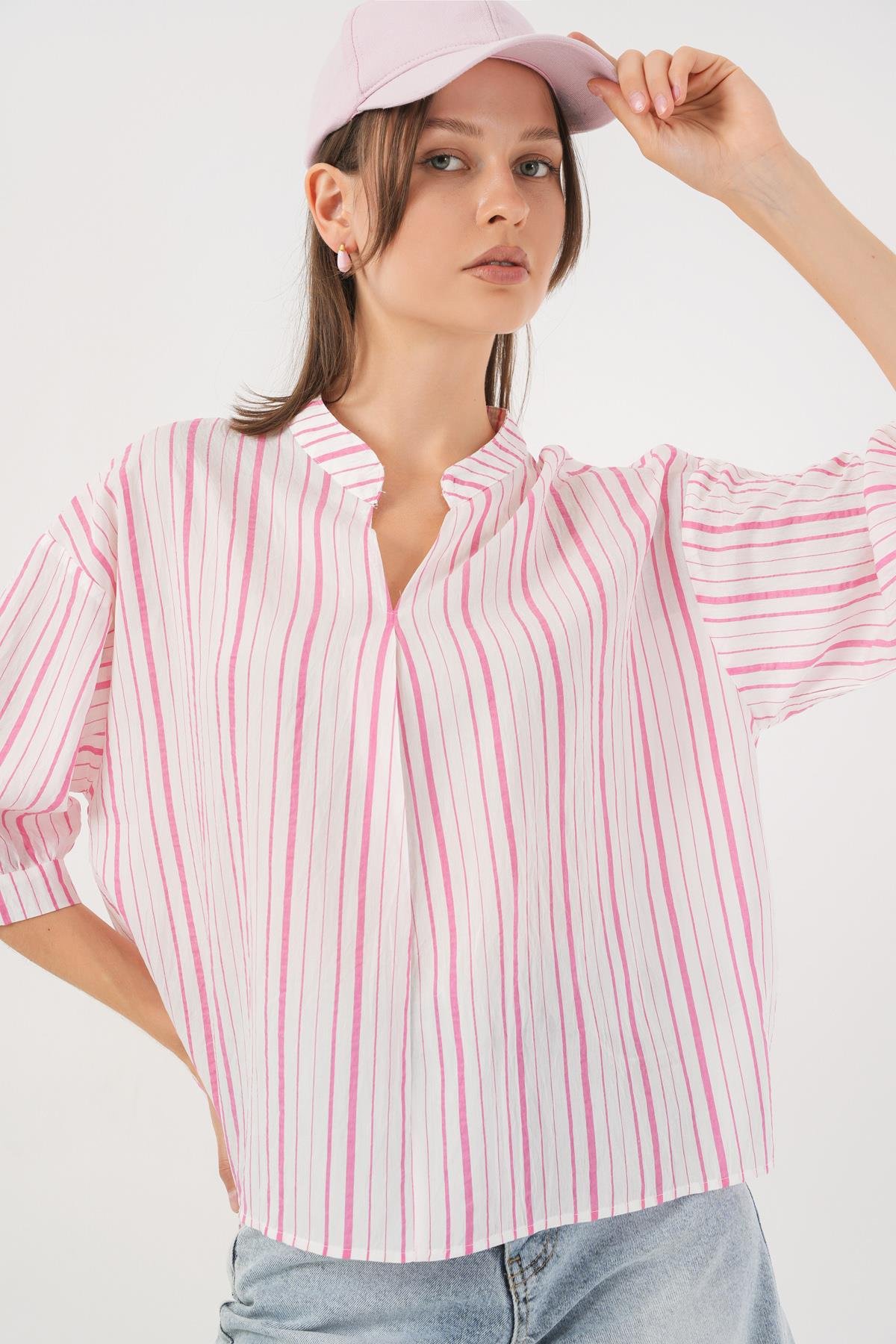 Kadın Çizgili Oversize Bluz 967 - Pudra