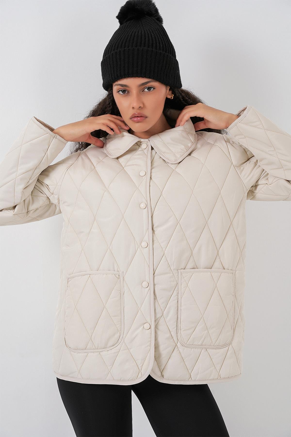 Kadın Kapitone Oversize Mont 5226 - Ekru