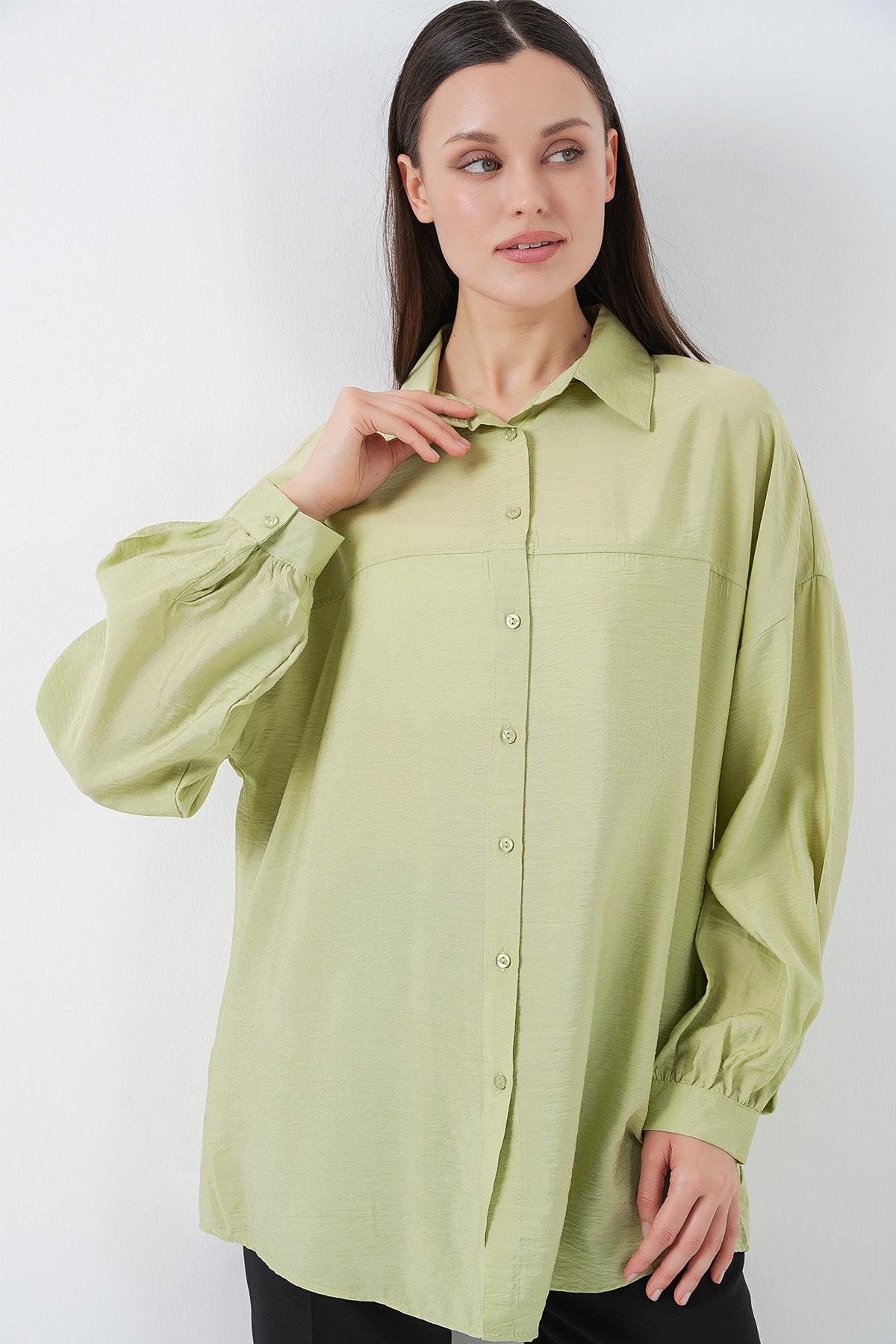 Kadın Uzun Oversize Gömlek 5965 - E.Yeşil