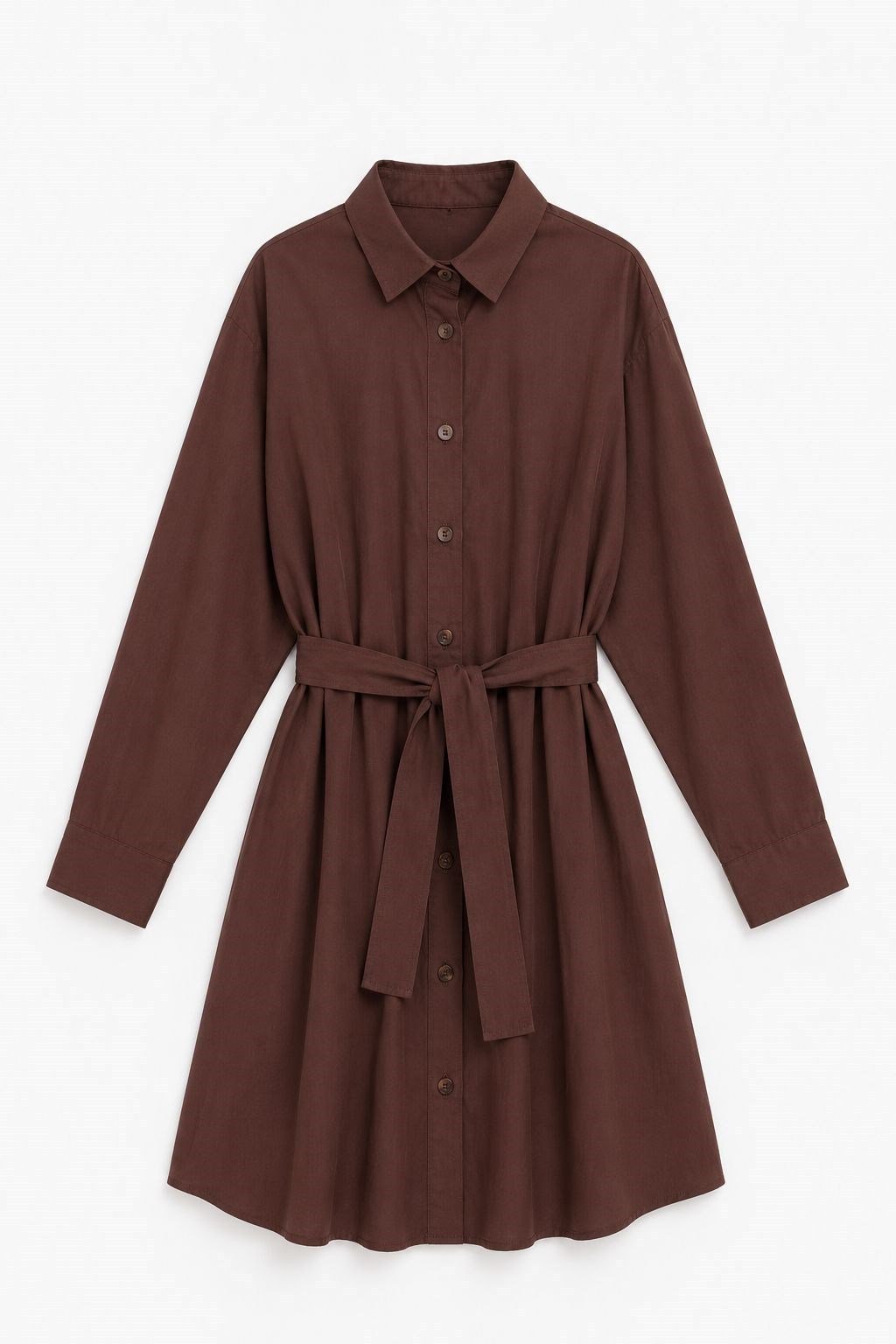 Kahve Gömlek Yaka Kuşaklı Elbise