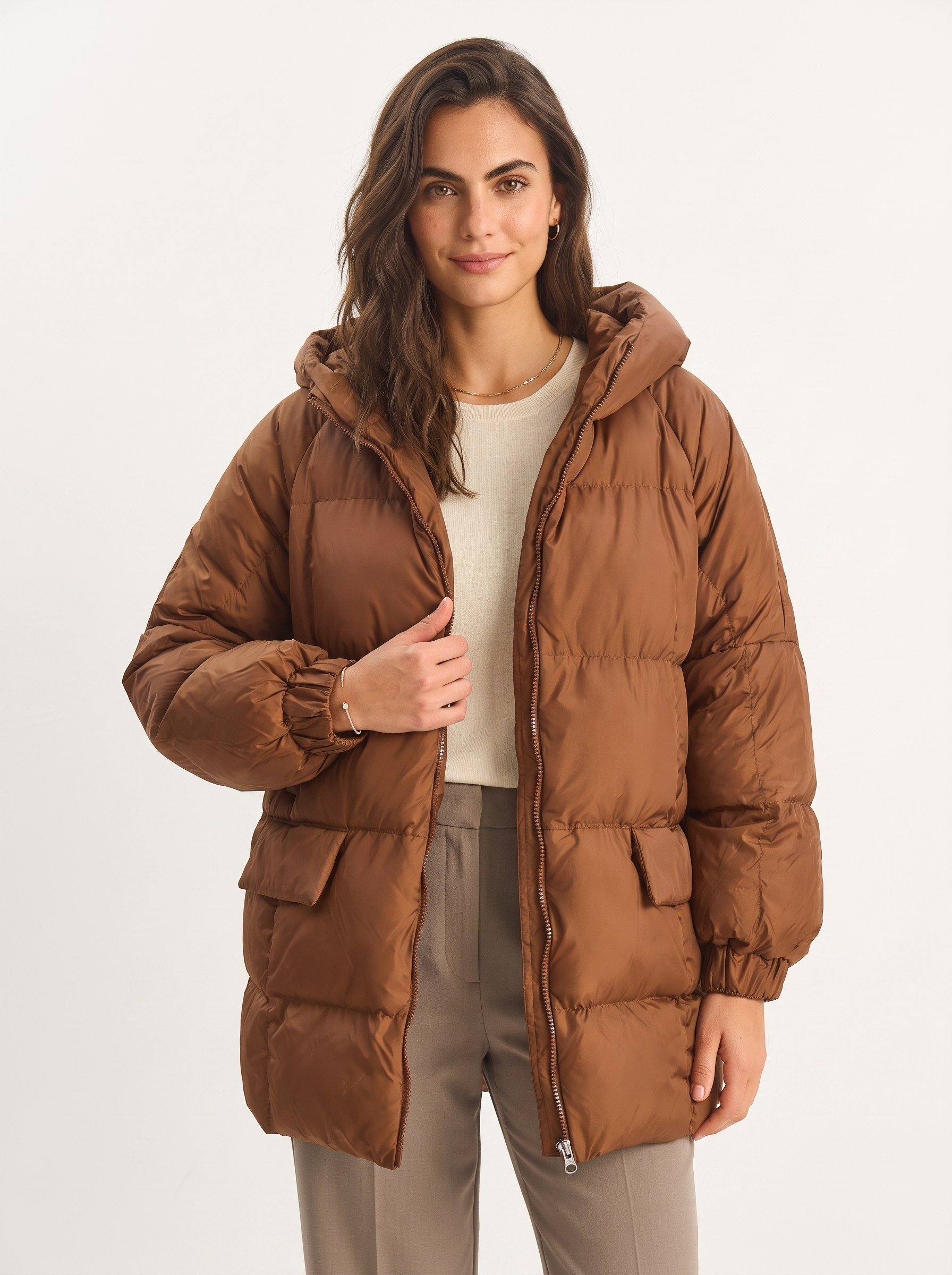 Kahverengi Kapüşonlu Oversize Şişme Mont