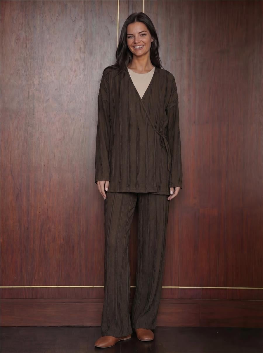Kadın Örme Kimono Pantolon İkili Takım 30067 - Kahverengi