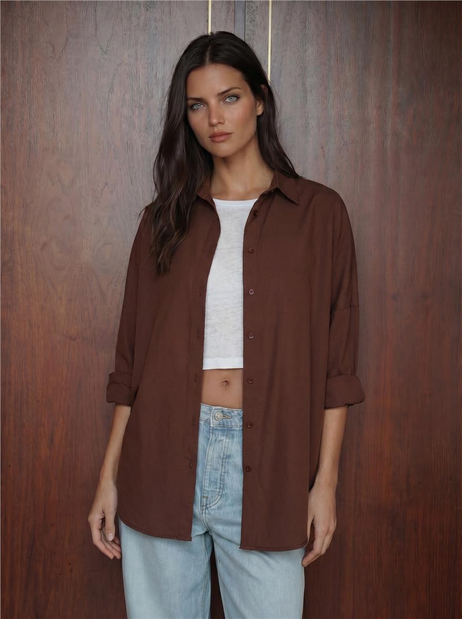3900 Oversize Uzun Basic Gömlek - Kahverengi