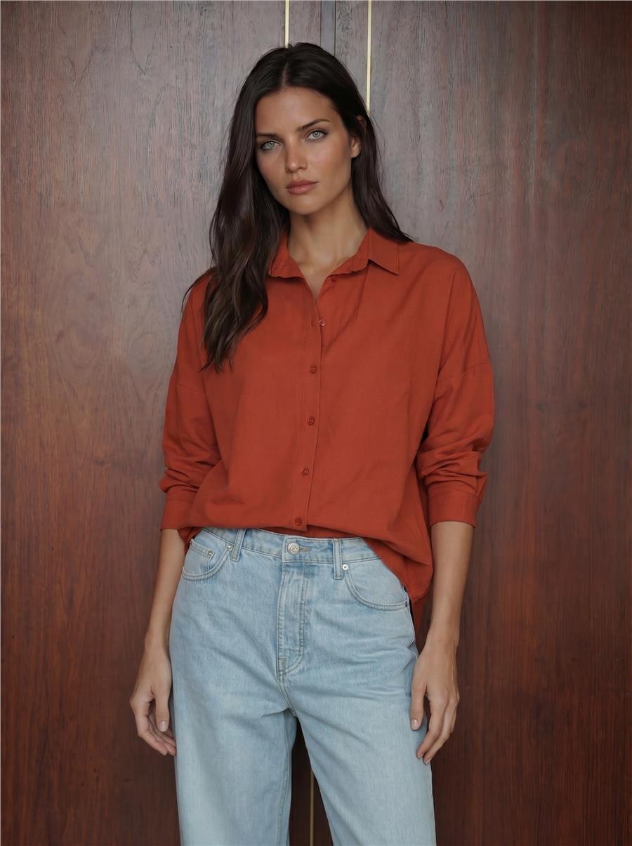 3900 Oversize Uzun Basic Gömlek - Kiremit
