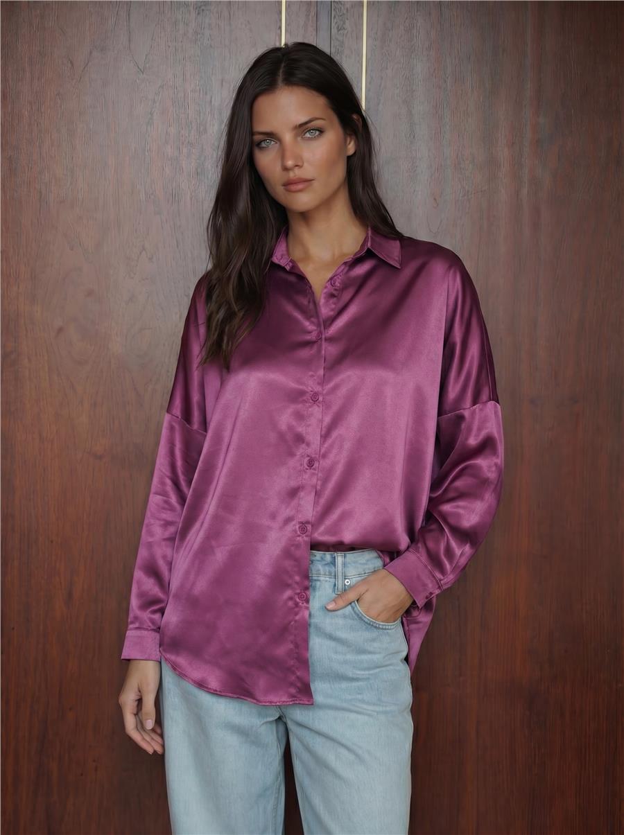 3985 Oversize Saten Gömlek - Koyu Lila