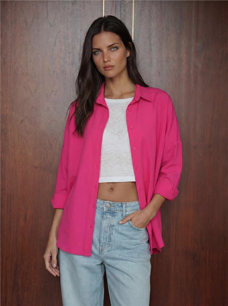 103901 Oversize Basic Tesettür Gömlek - Koyu Pembe