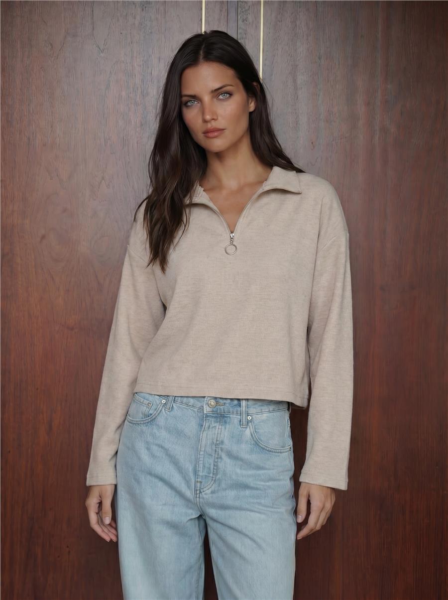 Krem Fermuarlı Yaka Örme Sweatshirt