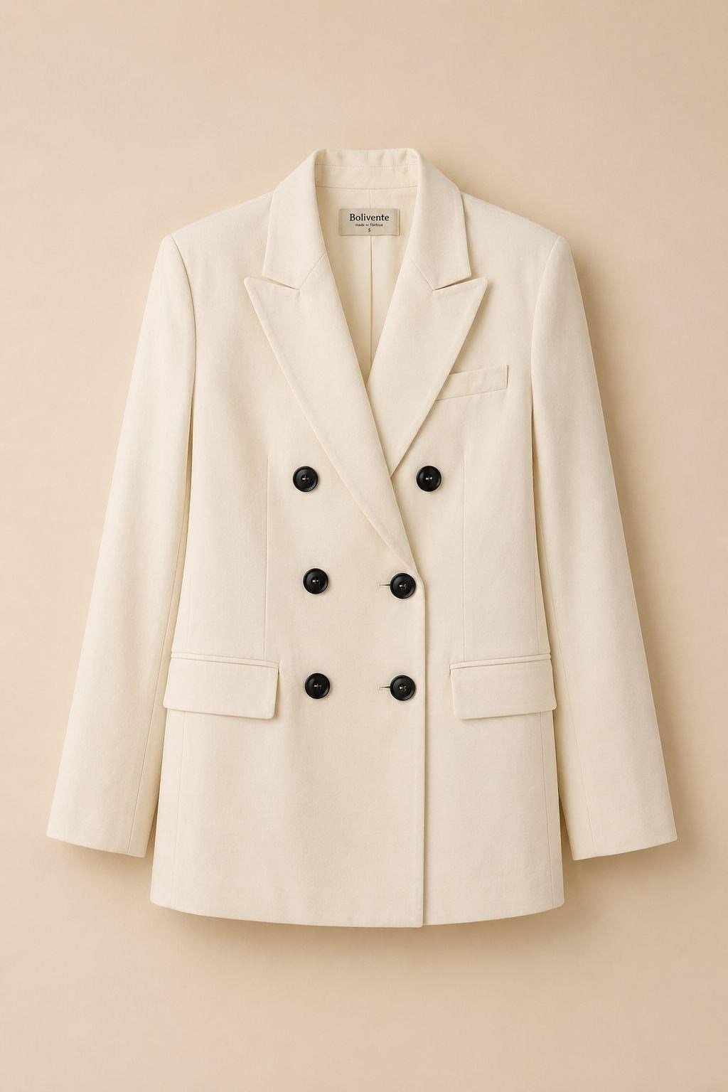 Krem Kruvaze Dokulu Blazer Ceket
