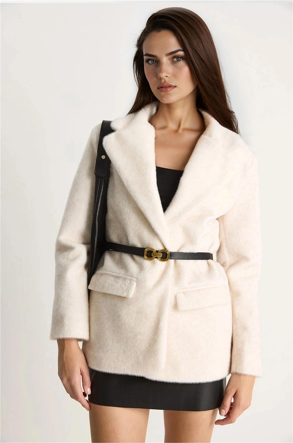 Krem Peluş Blazer Ceket