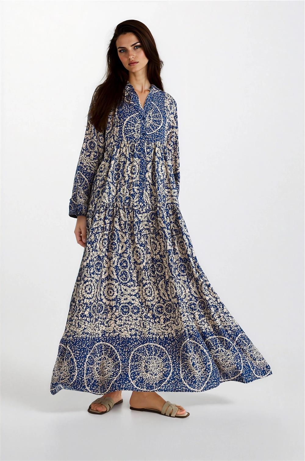 Lacivert Desenli Maxi Elbise