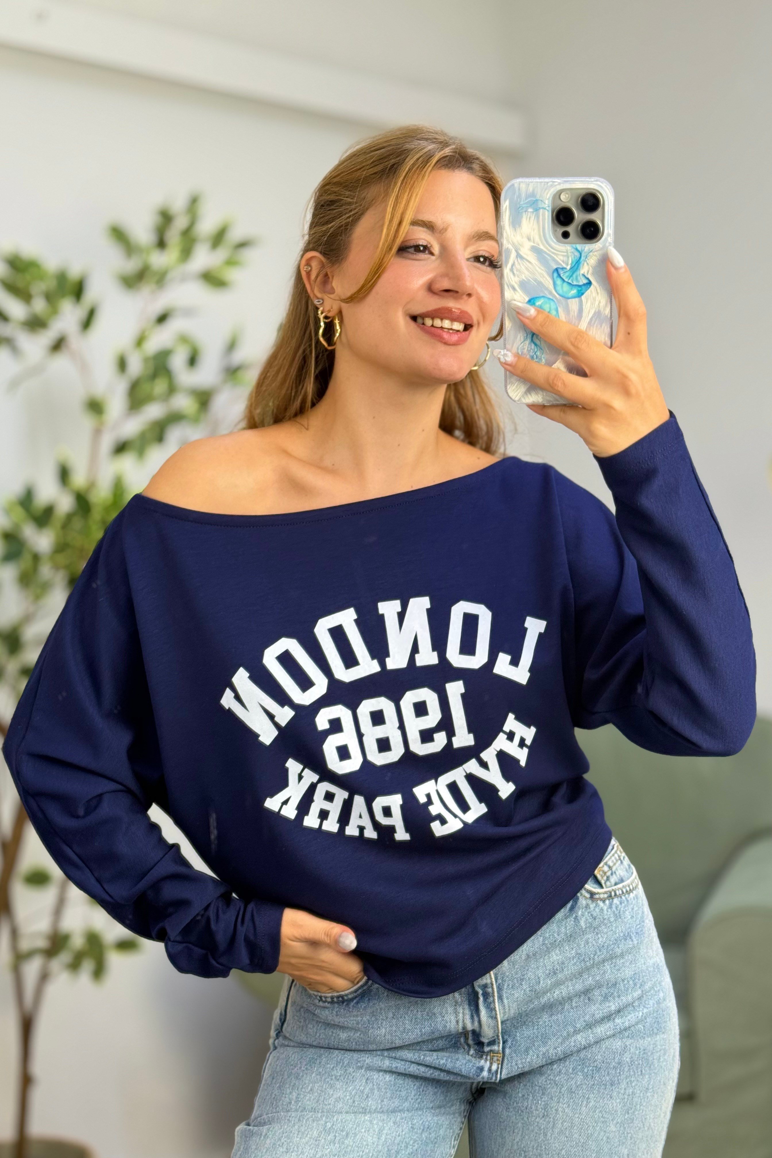 Lacivert London Baskılı Viskon Tişört
