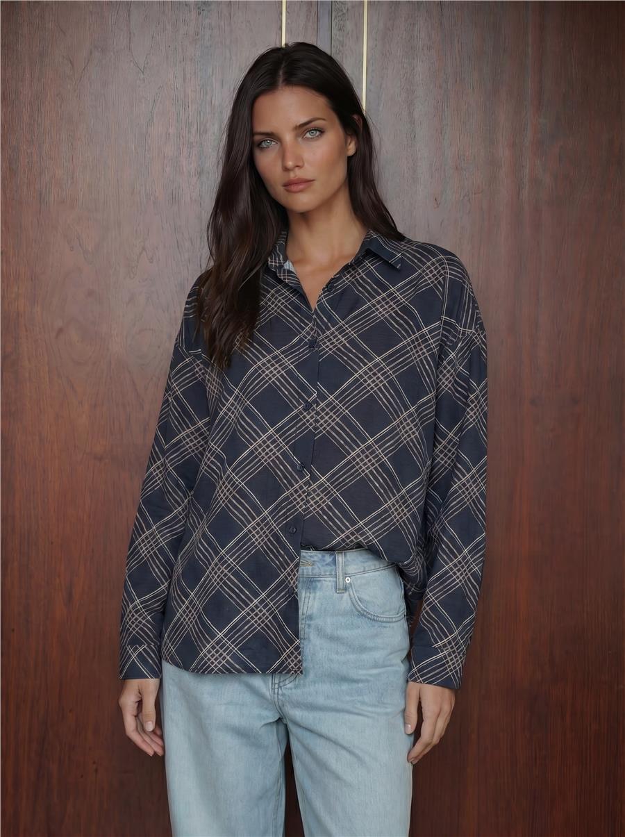 Kadın Oversize Desenli Gömlek 20372 - Lacivert