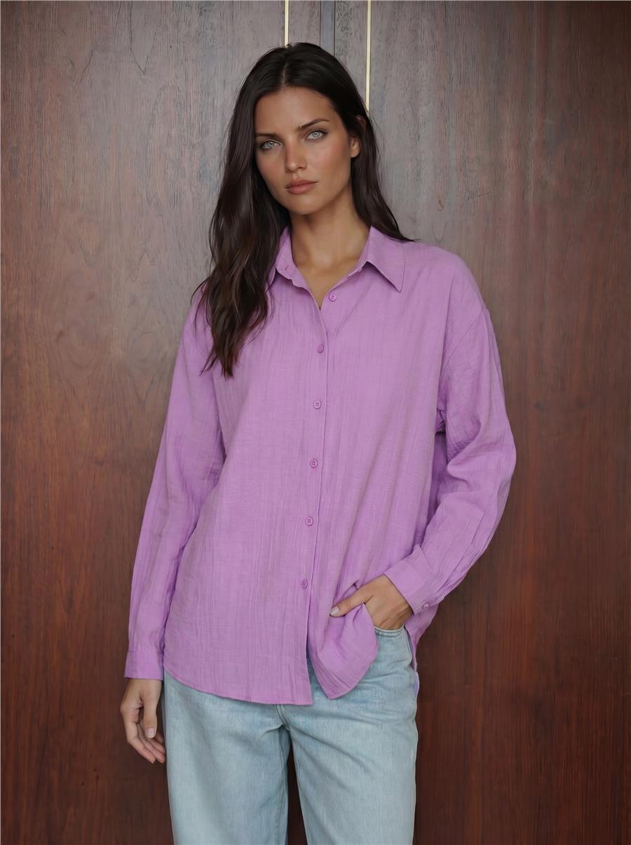 Lila Uzun Oversize Gömlek