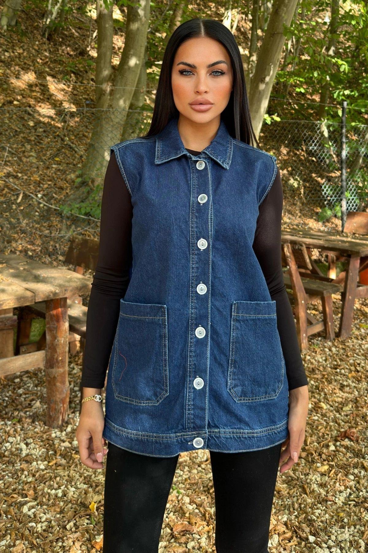 Mavi Uzun Denim Yelek