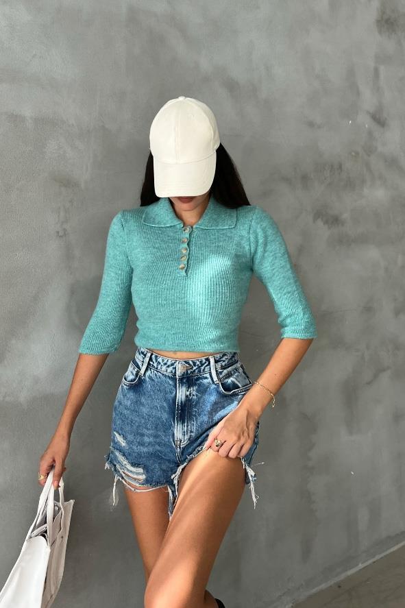 Mint Triko Pamuk Elastan Crop Kazak