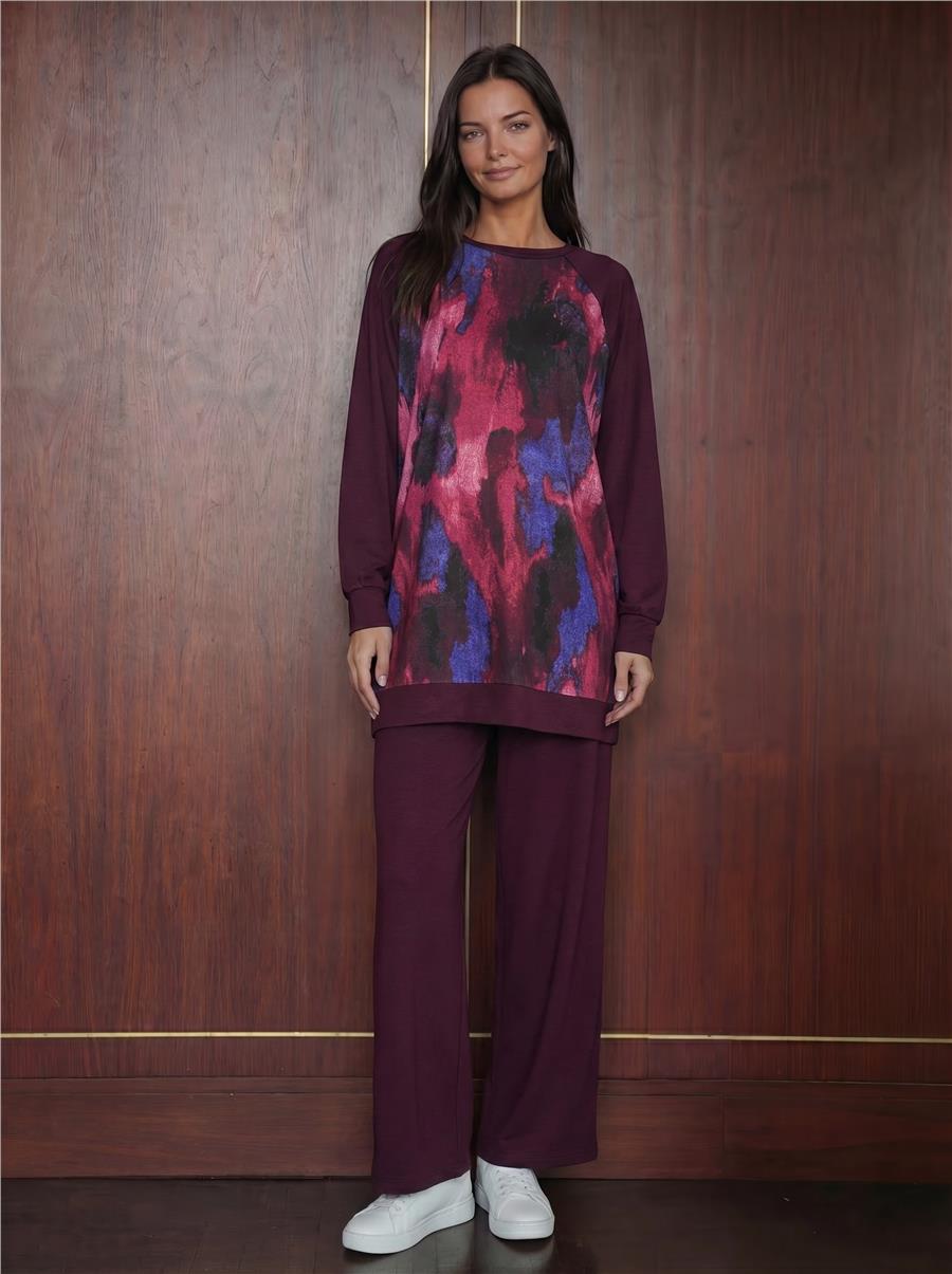 Kadın Desenli Oversize Tunik Pantolon İkili Takım 55462 - Mor