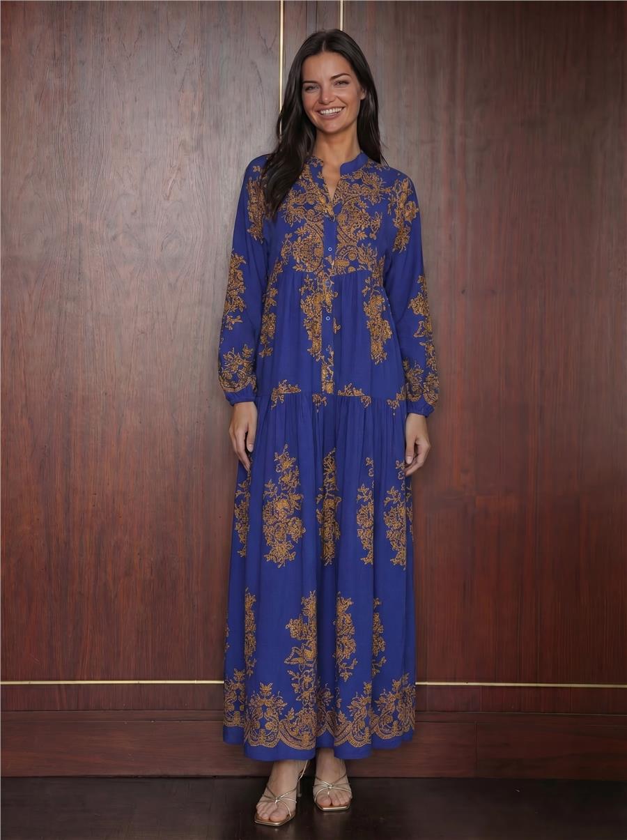 Saks Gold Desenli Tesettür Elbise 2423