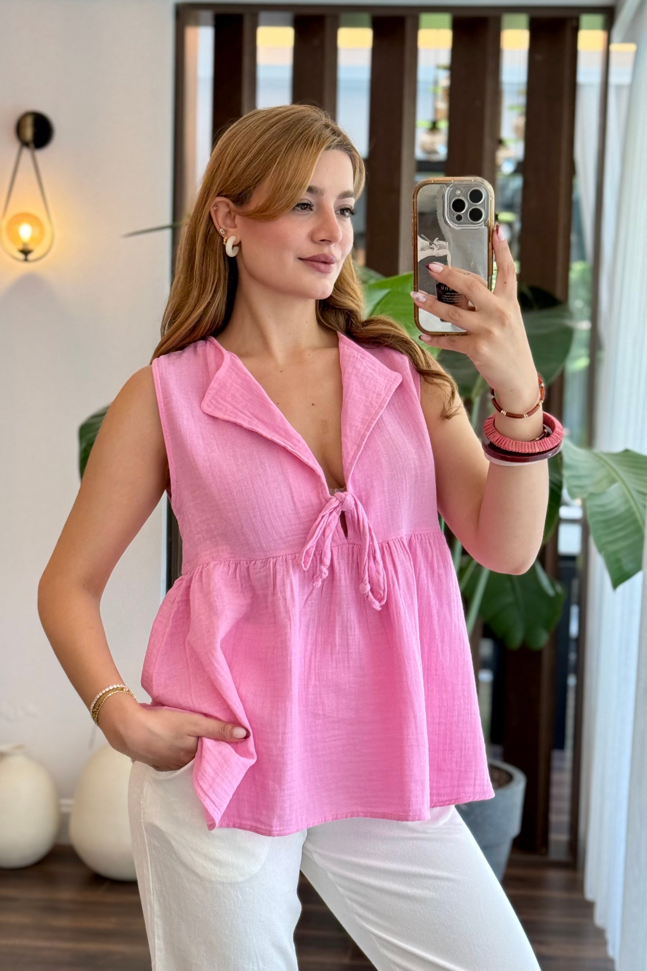Pembe Bağcıklı Müslin Bluz