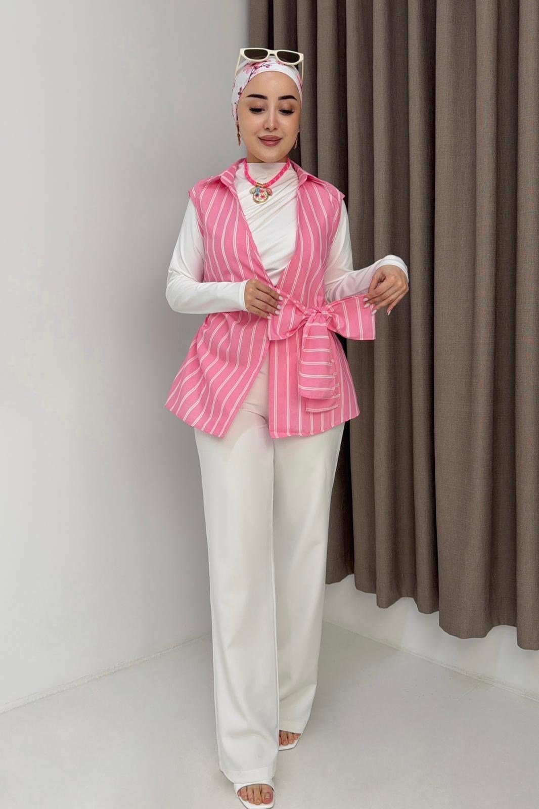 Pembe Çizgili Belden Bağlamalı Bluz