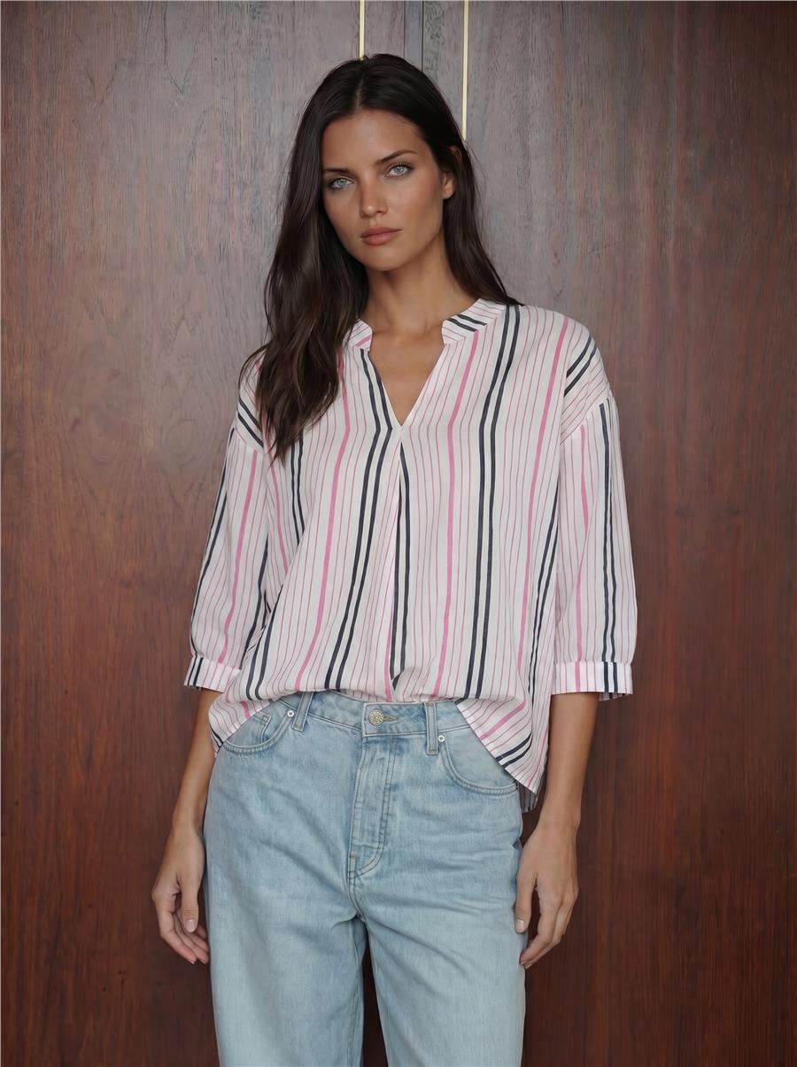 Kadın Çizgili Oversize Bluz 967 - Pembe