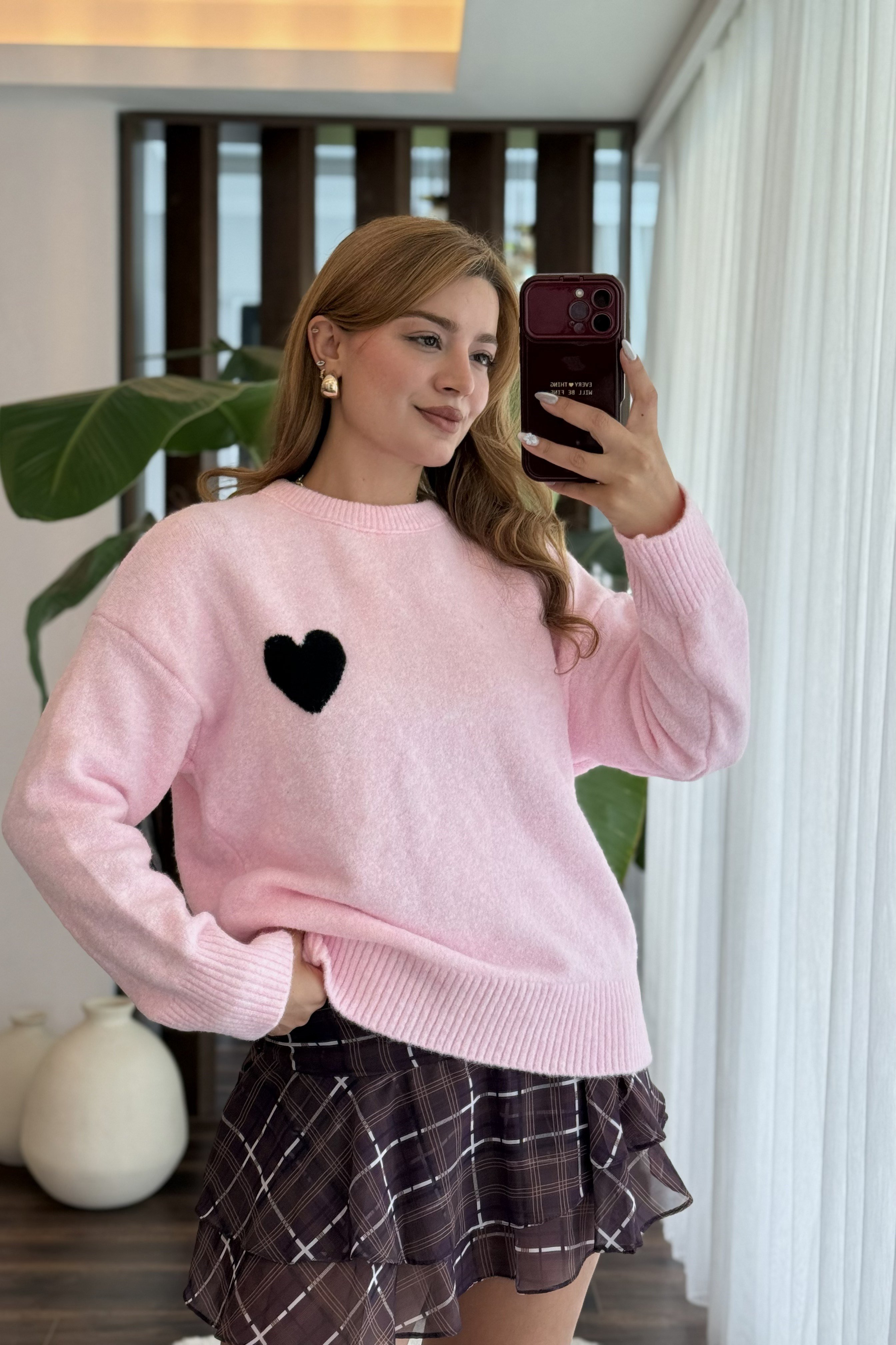 Pembe Kalp Motifli Yünlü Kazak