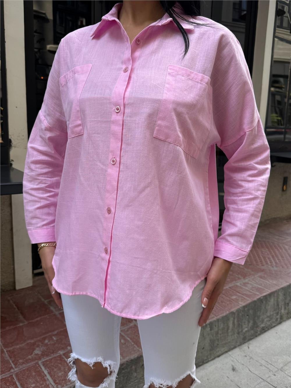 Pembe Oversize Pamuk Karışımlı Cepli Gömlek