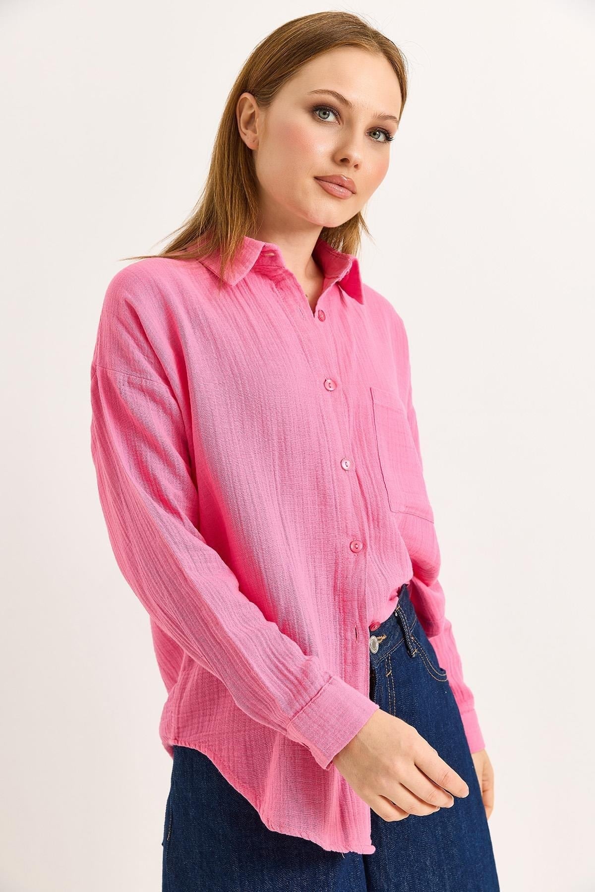 Pembe Oversize Uzun Kollu Gömlek