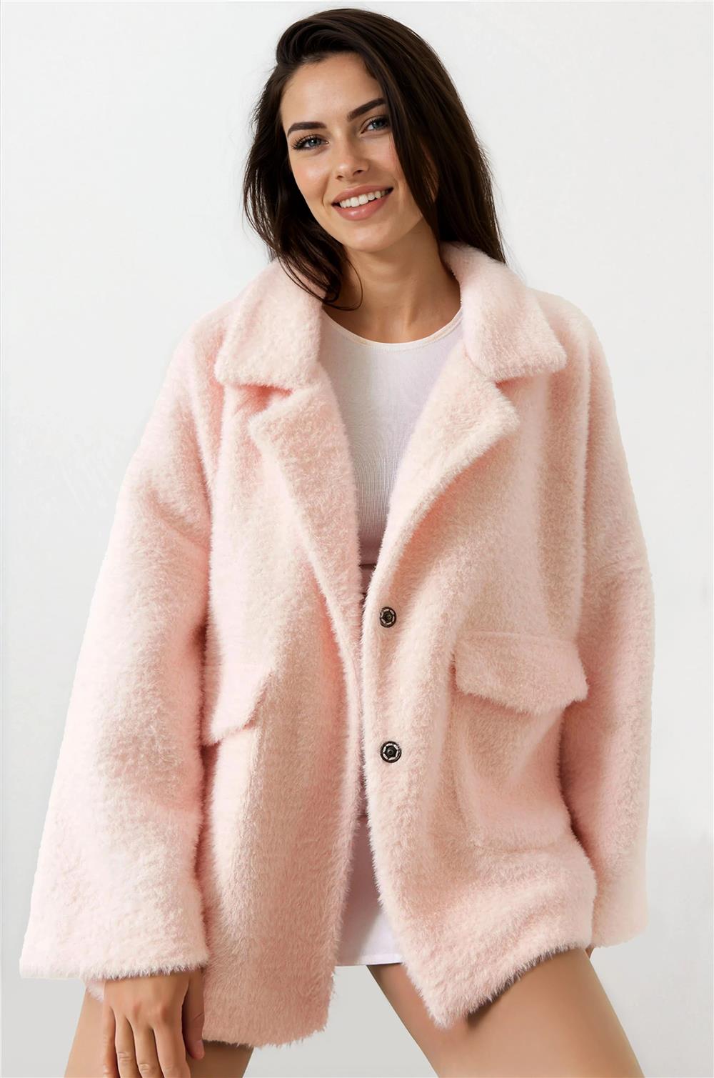 Pembe Peluş Cepli Mont