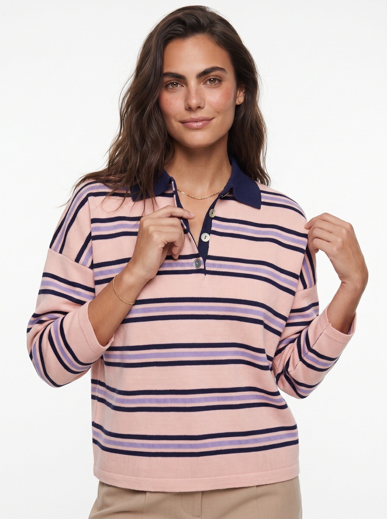 Pembe Polo Yaka Çizgili Kazak