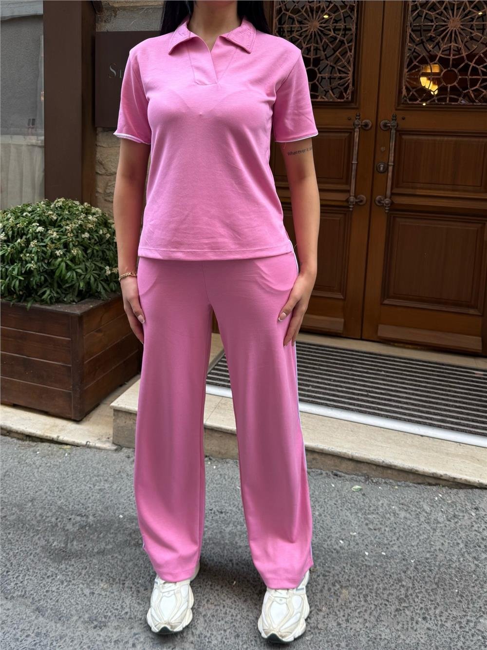 Pembe Polyester Elastan Polo Yaka Takım