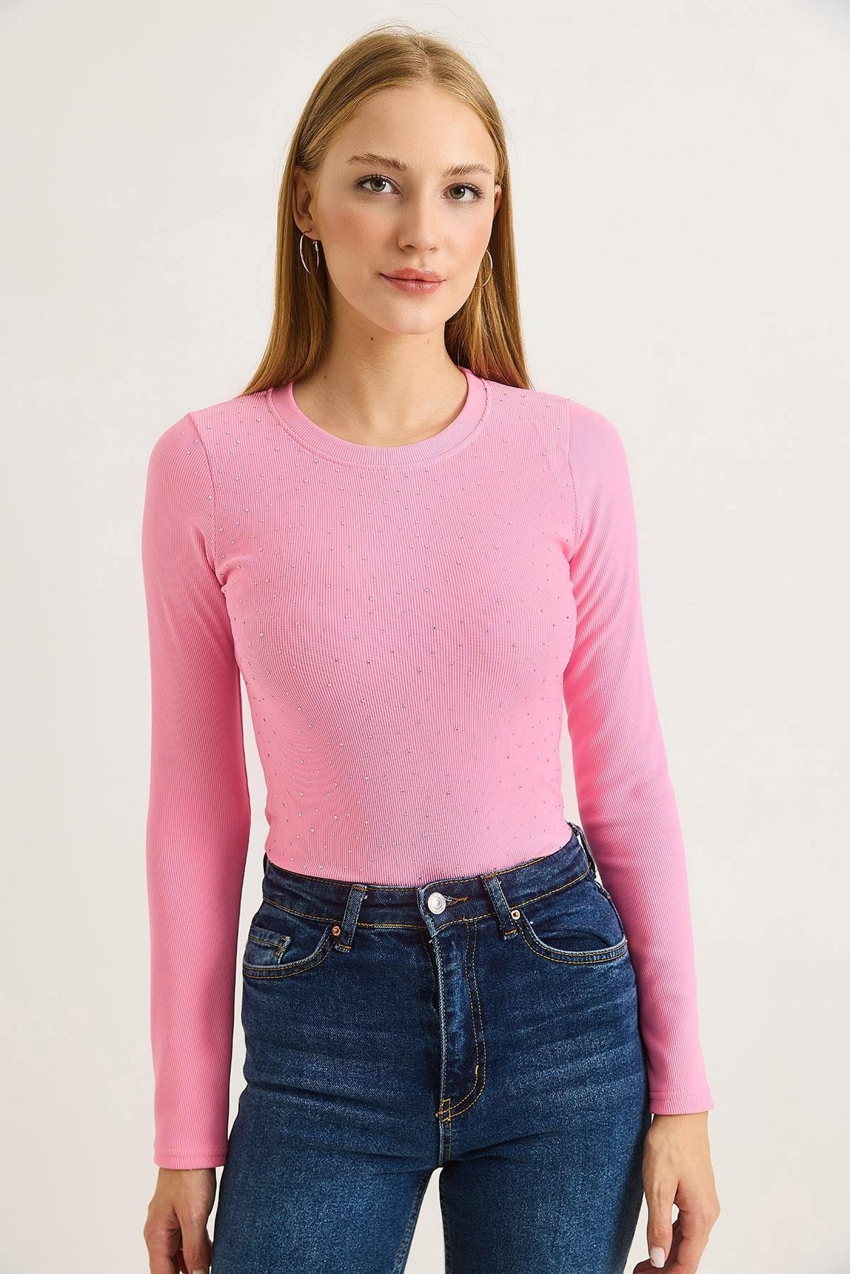 Pembe Taşlı Ottoman Bisiklet Bluz