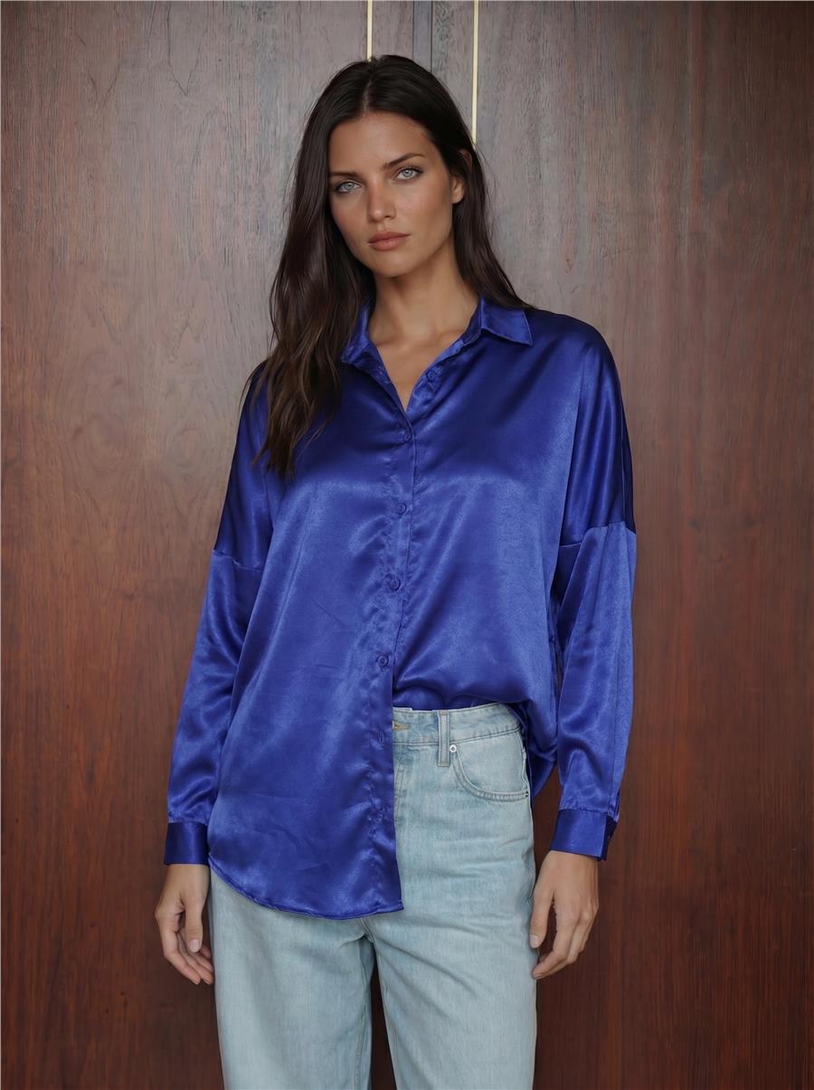3985 Oversize Saten Gömlek - Saks