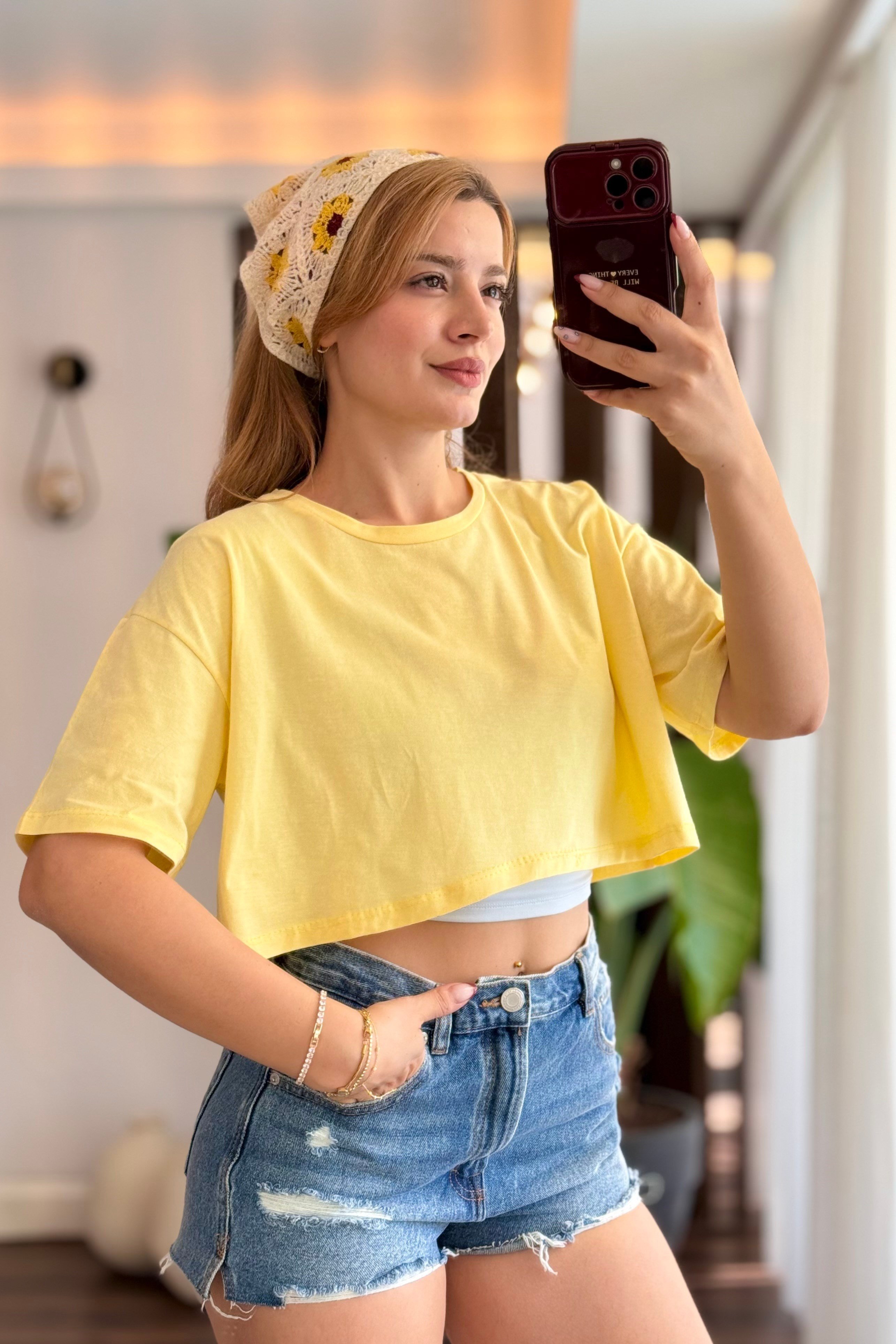Sarı Oversize Bisiklet Yaka Tişört