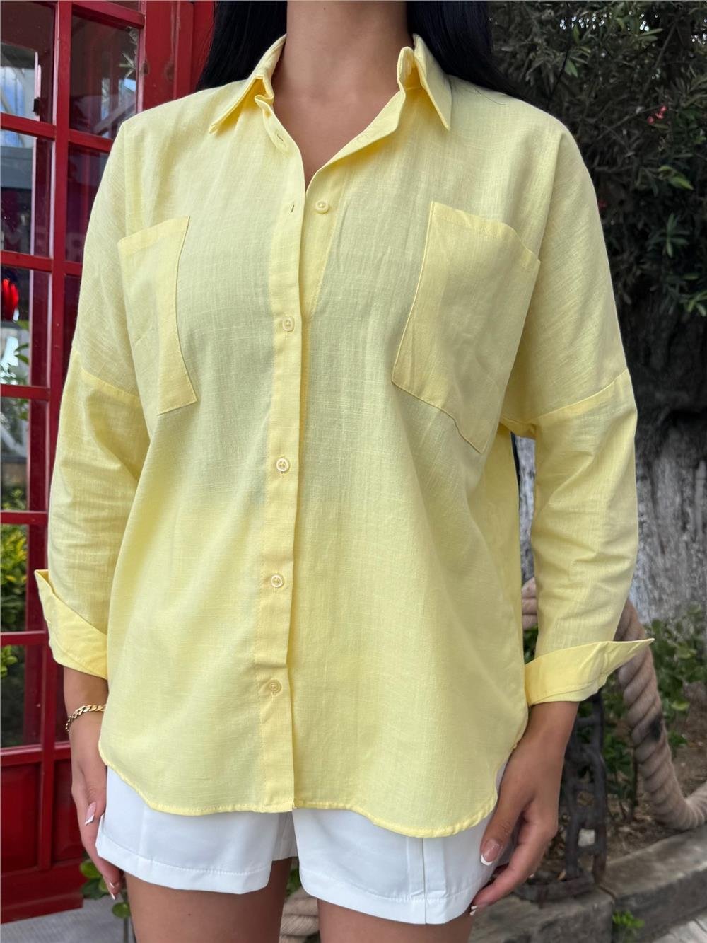 Sarı Oversize Cepli Pamuklu Polyester Gömlek