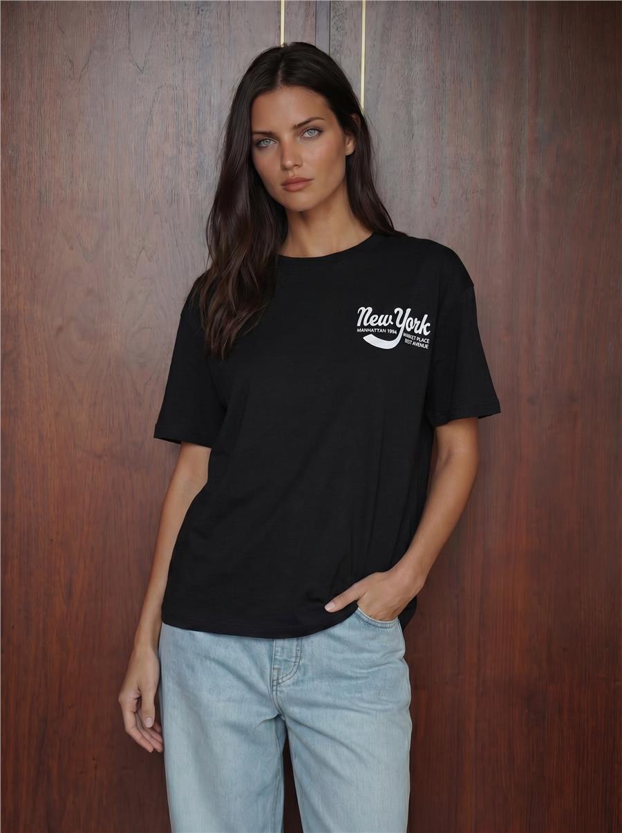4318 Baskılı Basic Tişört - Siyah