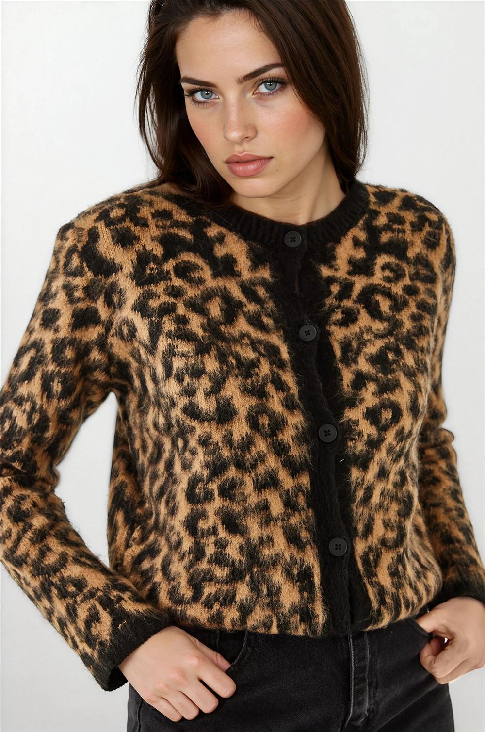 Siyah Camel Leopar Hırka