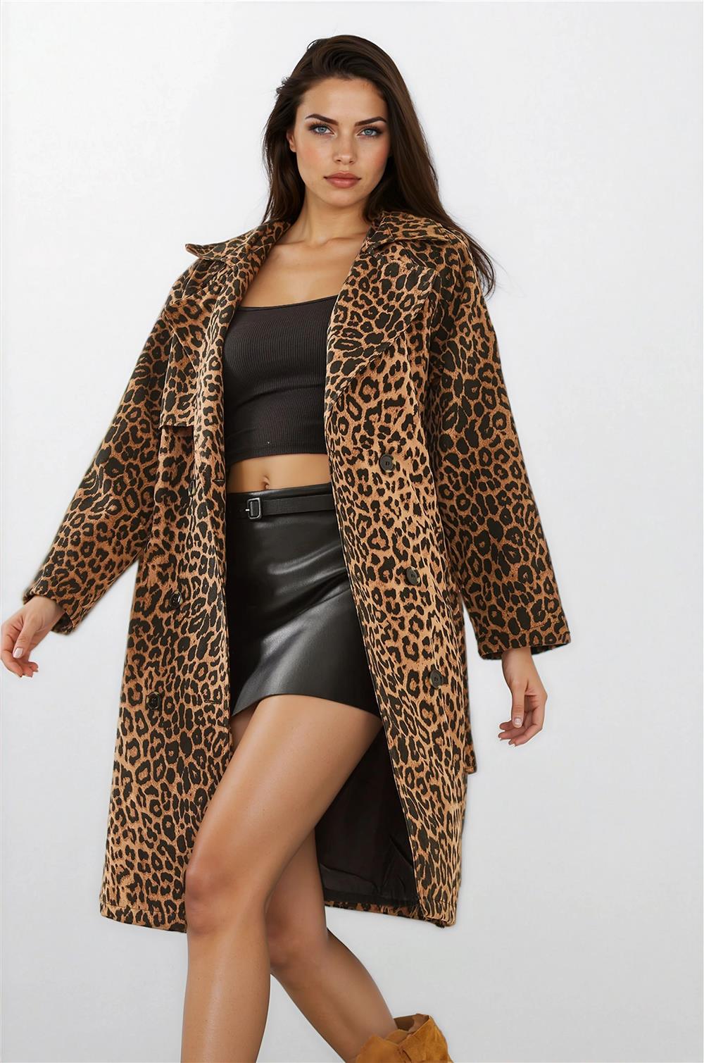 Siyah-Camel Leopar Trençkot