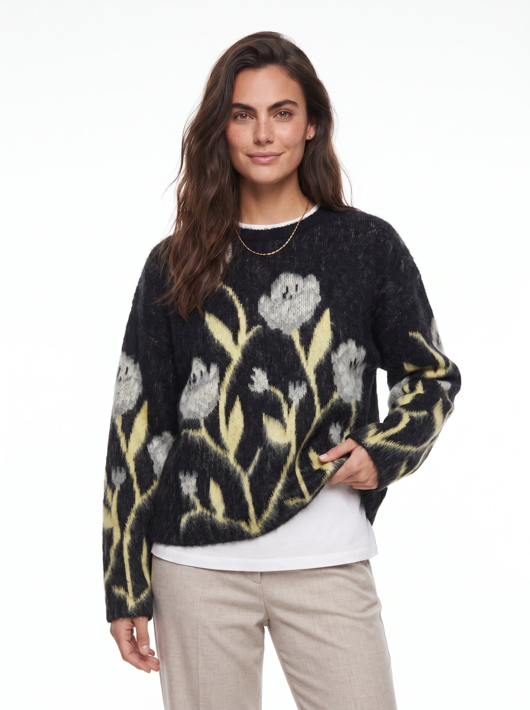 Siyah Çiçek Desenli Oversize Kazak
