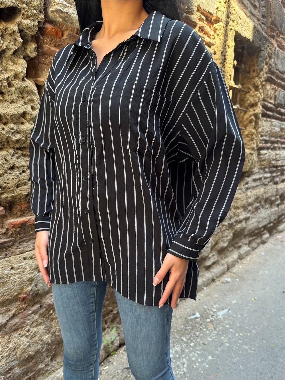 Siyah Çizgili Oversize Pamuklu Düğmeli Gömlek