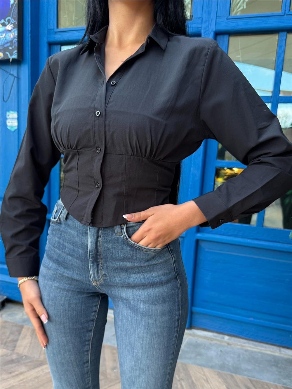 Siyah Desenli Polyester Parçalı Gömlek