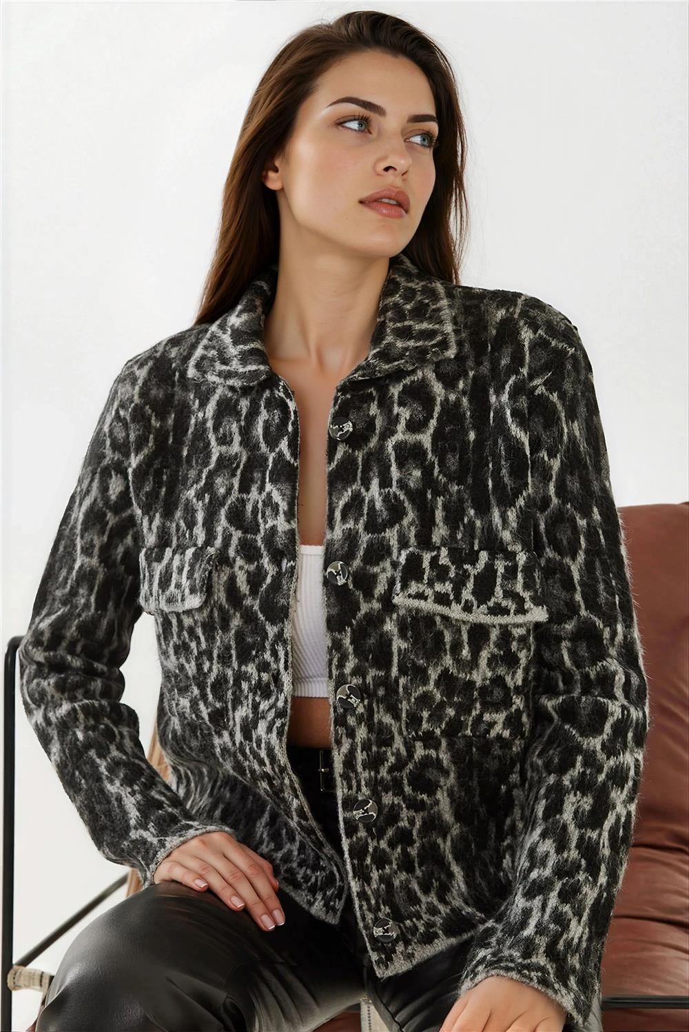 Siyah Gri Leopar Hırka