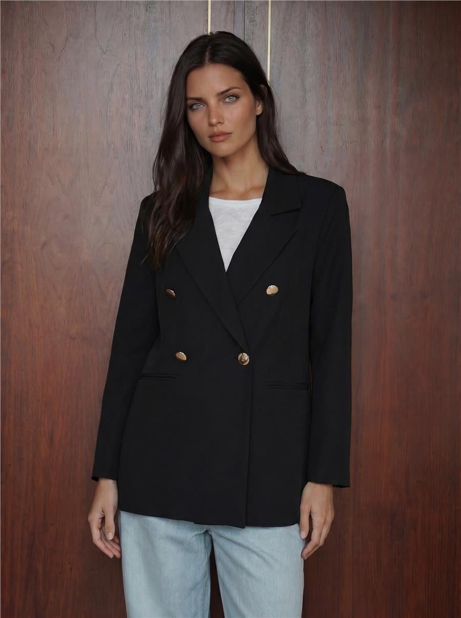 Siyah Kruvaze Düğmeli Blazer Ceket